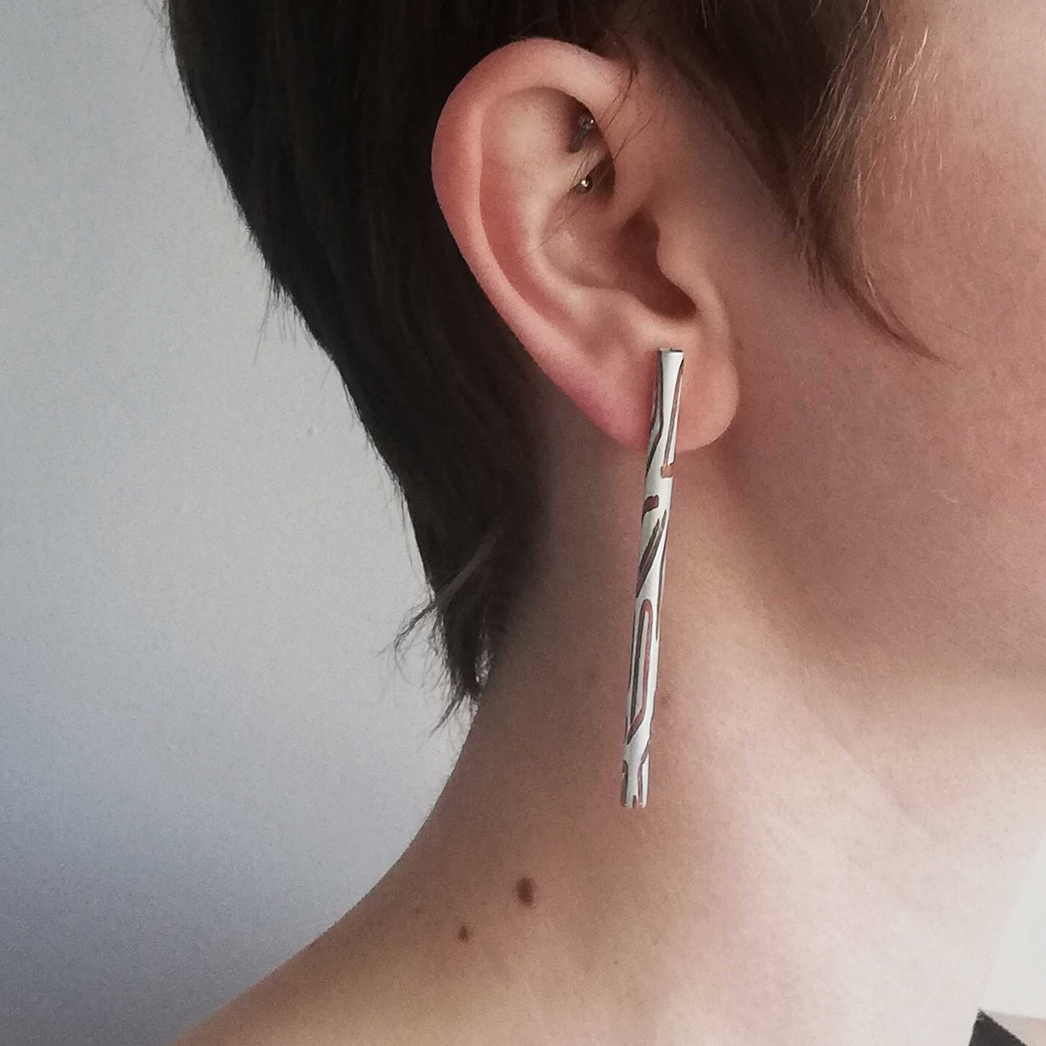 Long Silver Earrings with Inlaid Copper Pattern